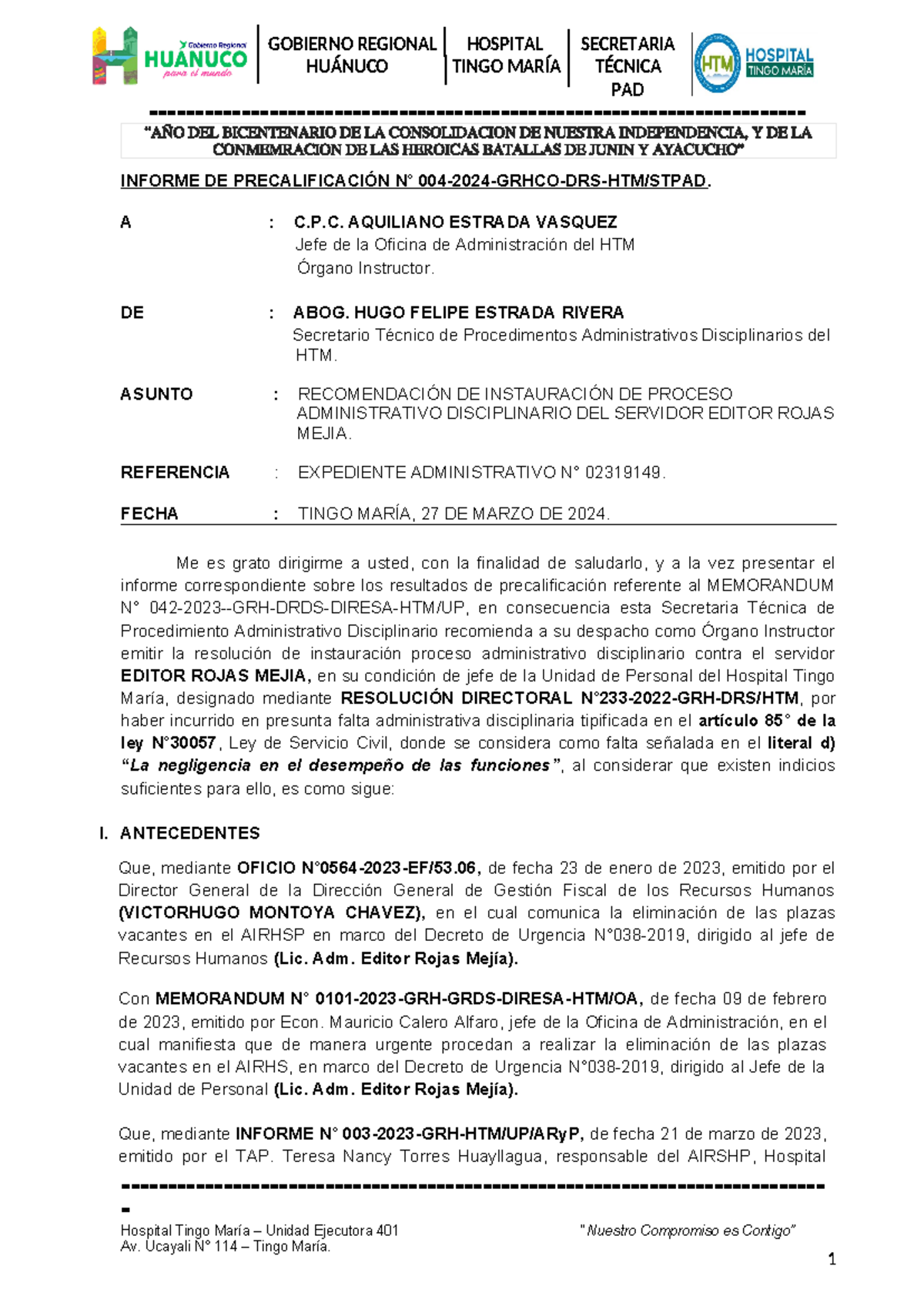 Informe De Precalificación 19 Plazas HuÁnuco Tingo MarÍa TÉcnica