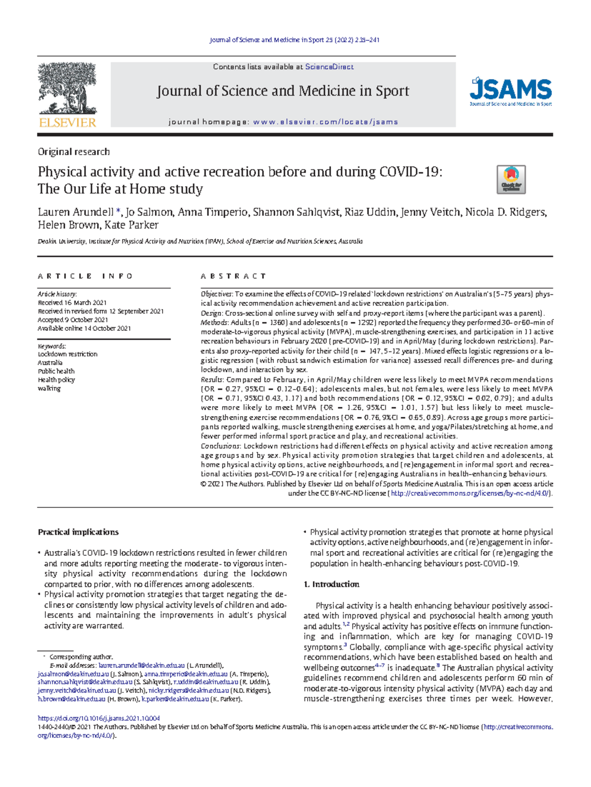 Covid pdf - journal - Original research Physical activity and active ...