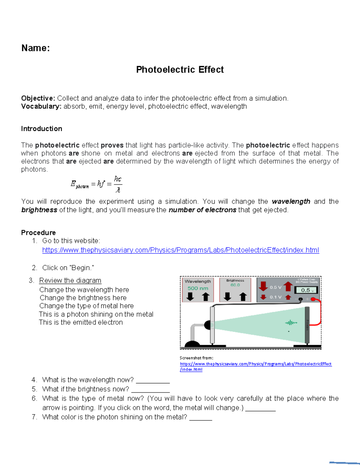 PDF document N/A Name Photoelectric Effect Objective Collect and