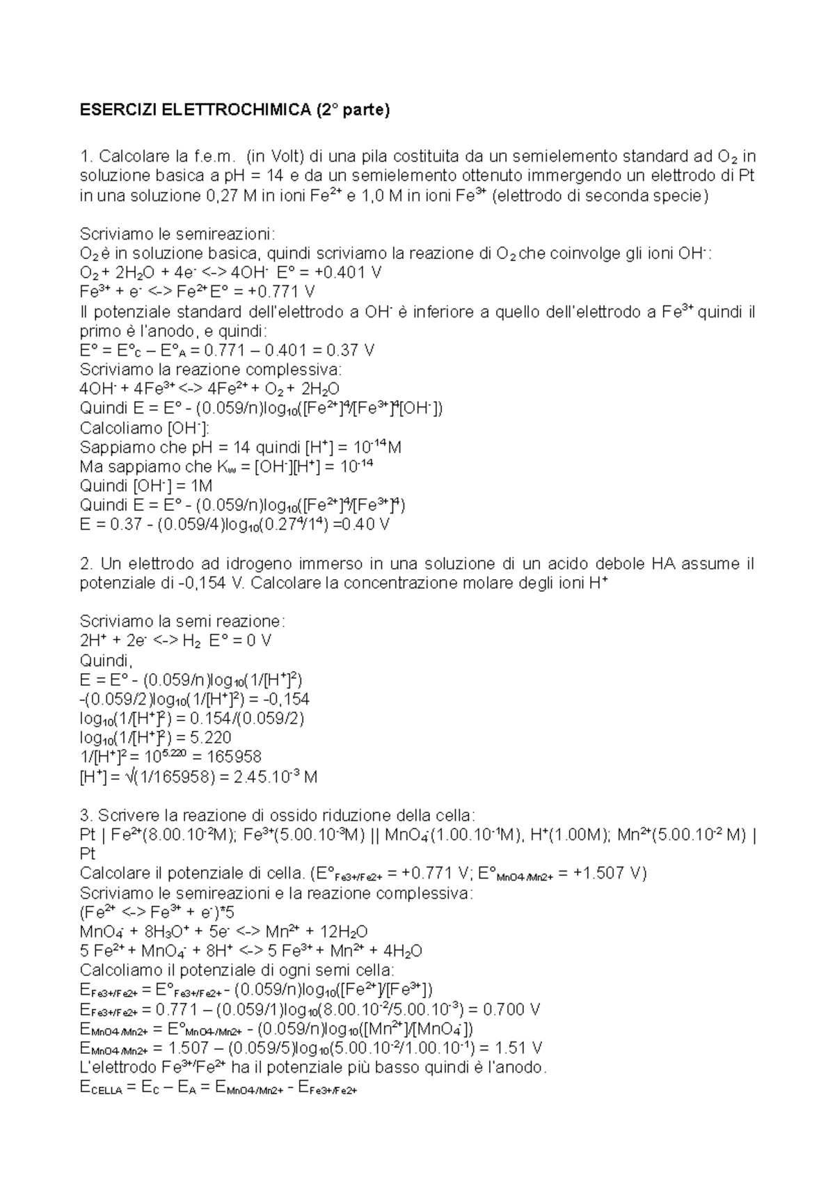 Es Soluzioni Esercizi Elettrochimica 2° Parte Calcolare La F E