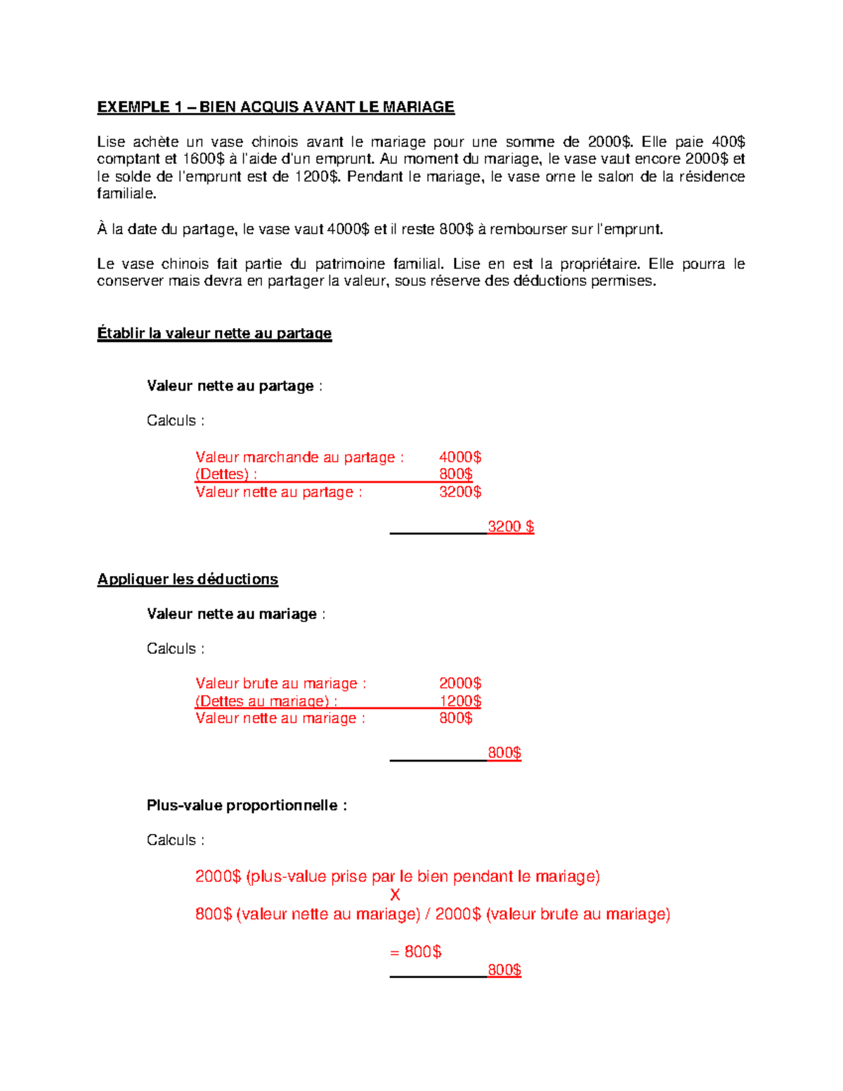 Cours 2 Exemples 1 à 3 Calcul de la valeur partageable d