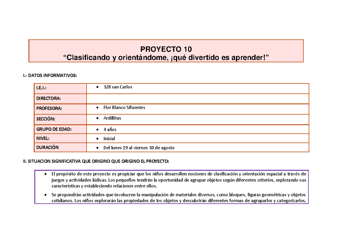 Proyecto 10 2024 - PROYECTO 10 “Clasificando y orientándome, ¡qué
