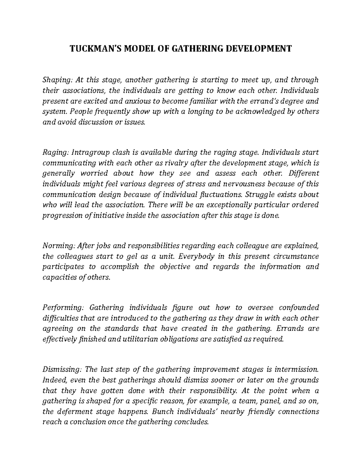 Tuckman'S Model OF Gathering Development - TUCKMAN'S MODEL OF GATHERING ...