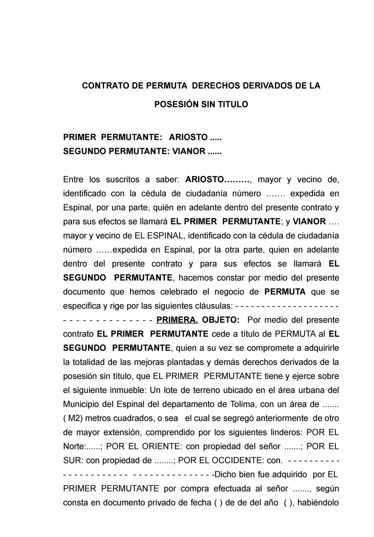 Permuta Posesion Modelo De Contrato De Permuta Y Posesión Modelo De Contrato De Permuta Y 3961