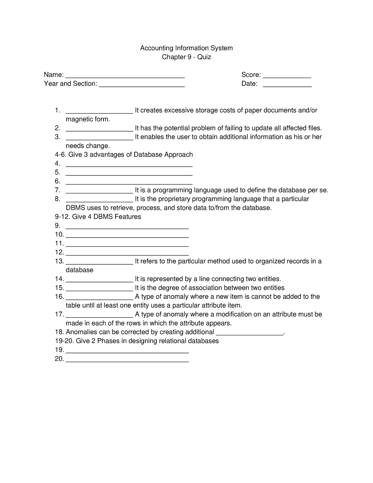 AIS Chapter 9 Quiz - Accounting Information System Chapter 9 - Quiz ...