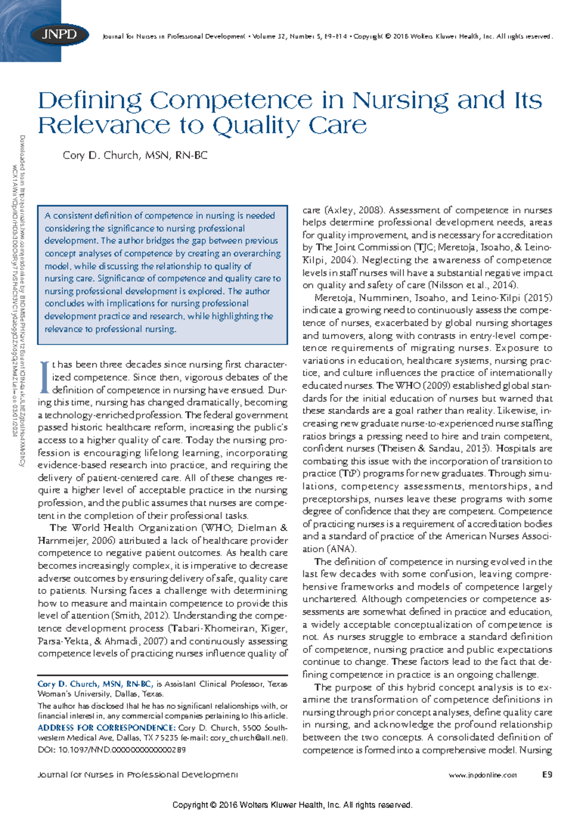 Defining Competence in Nursing and Its Relevance to Quality Care ...