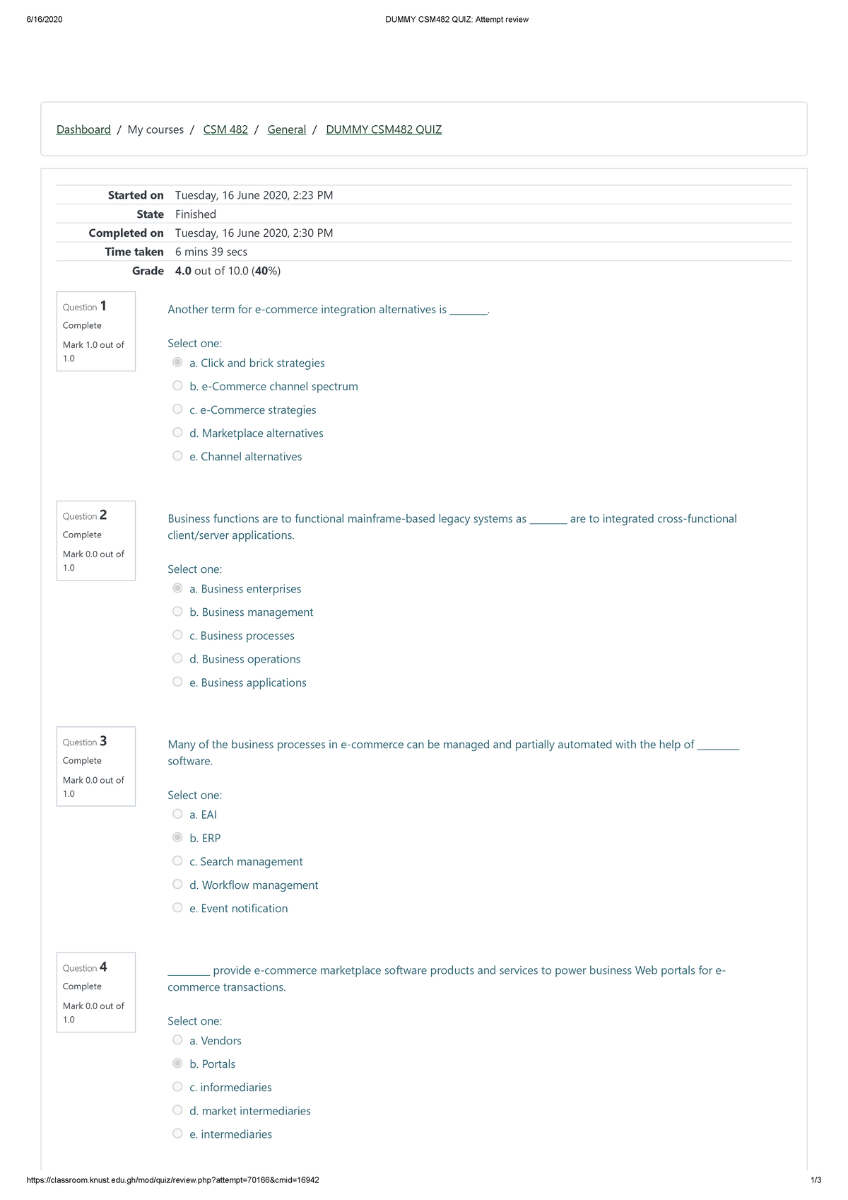 Dummy CSM482 QUIZ Attempt review 6/16/2020 DUMMY CSM482 QUIZ Attempt