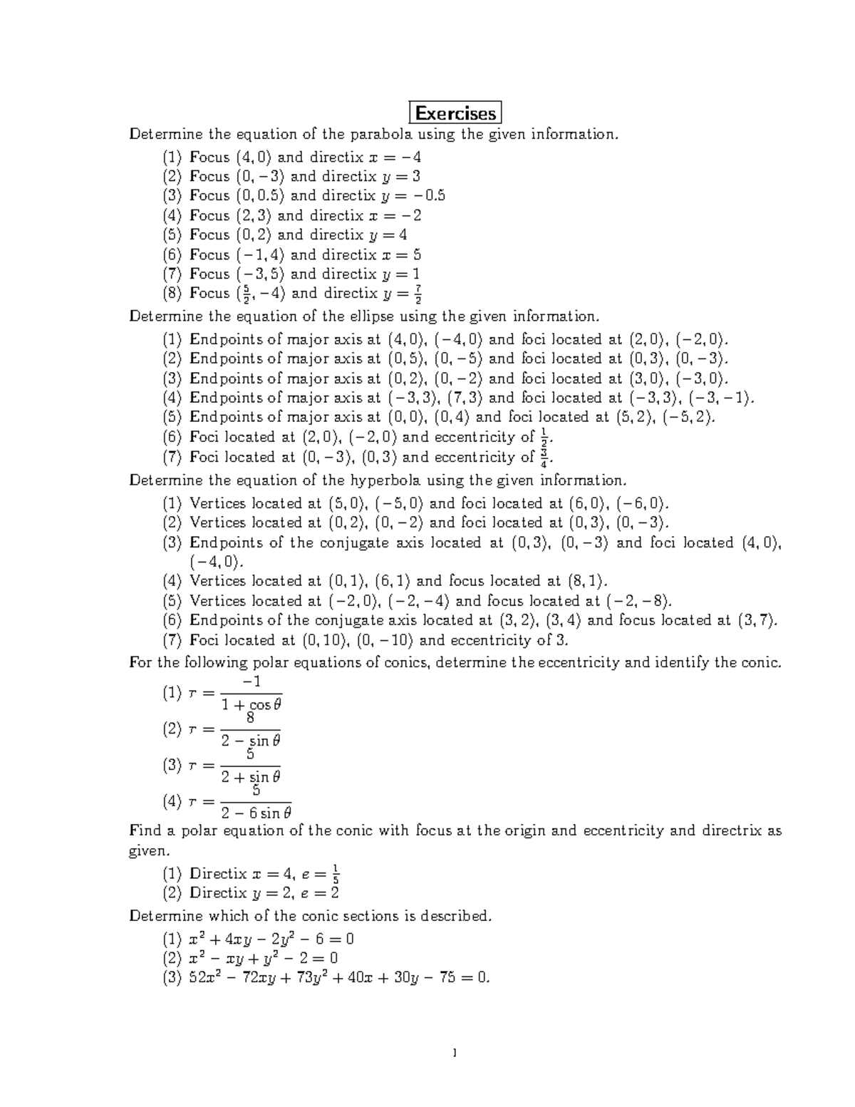 MAT124-13 Exercises on Conic Sections - Exercises Determine the ...