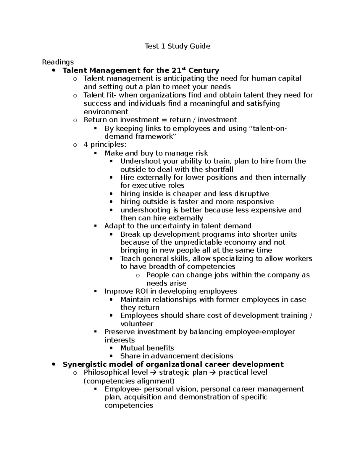 Test 1 Study Guide - Susan Friedman - Test 1 Study Guide Readings Talent Management for the 21st ...