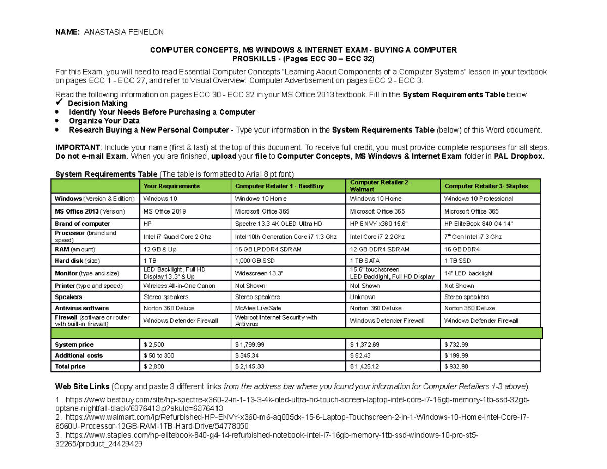 Fenelon Computer Concepts Exam Buying a Computer NAME ANASTASIA