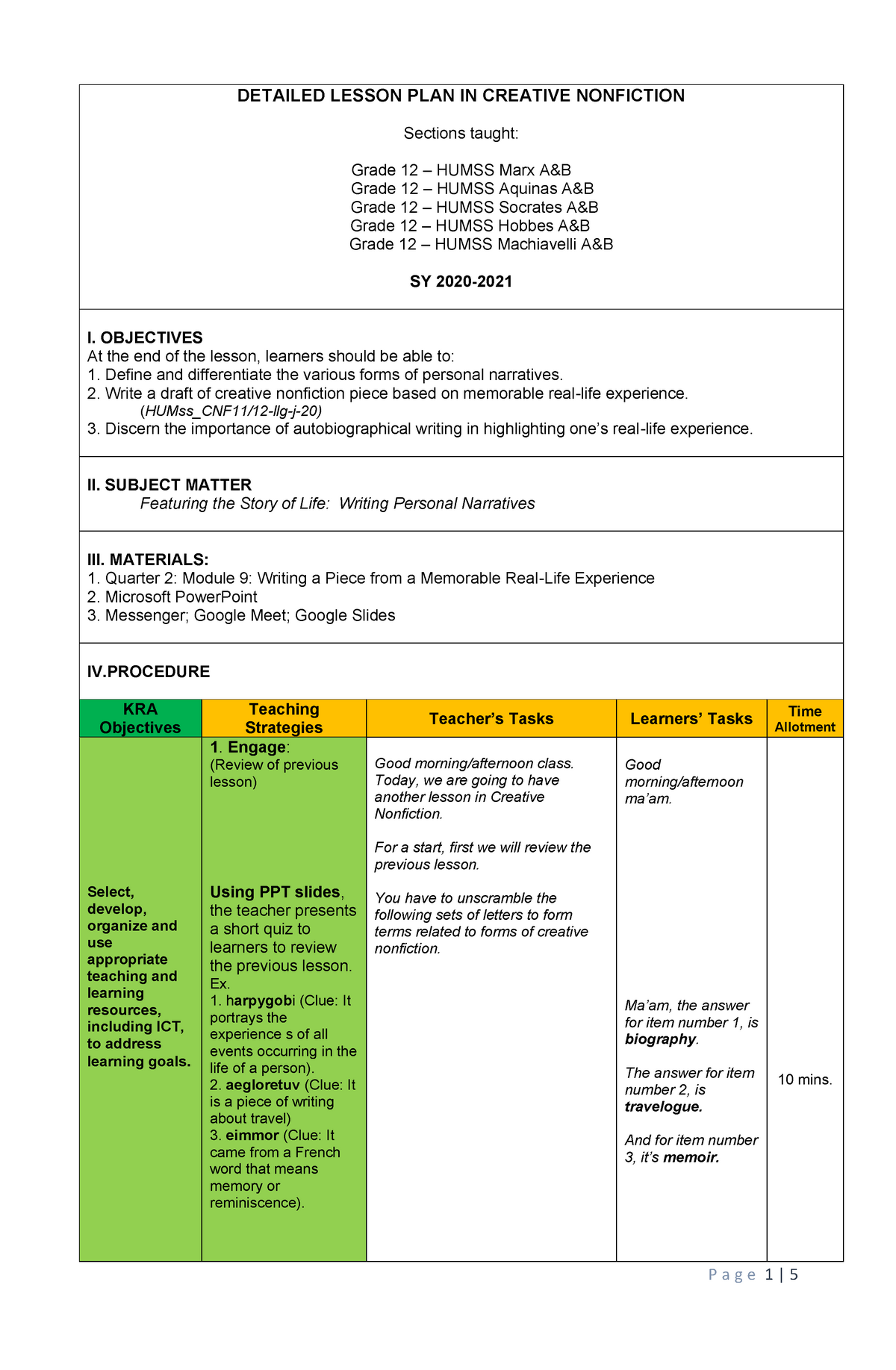 Detailed Lesson Plan In Creative Nonfiction Detailed Lesson Plan In 