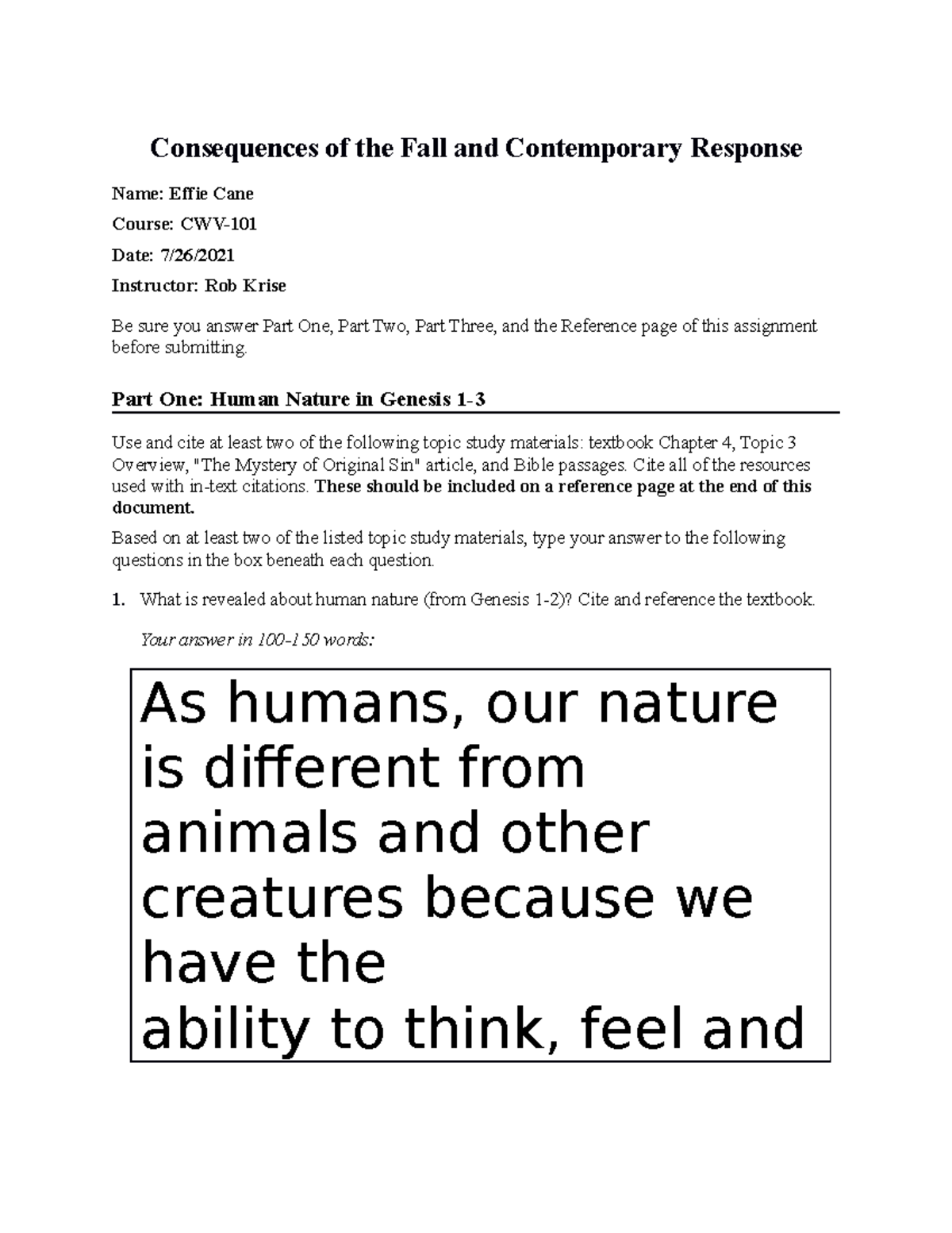 Consequences of the Fall and Contemporary Response EC - Part One: Human ...