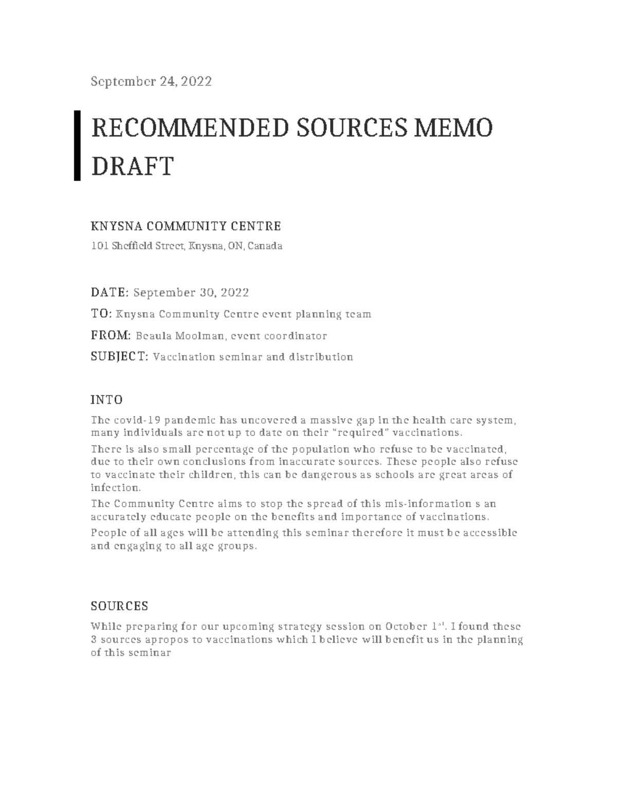Rough Draft 1 - XXX - September 24, 2022 RECOMMENDED SOURCES MEMO DRAFT ...