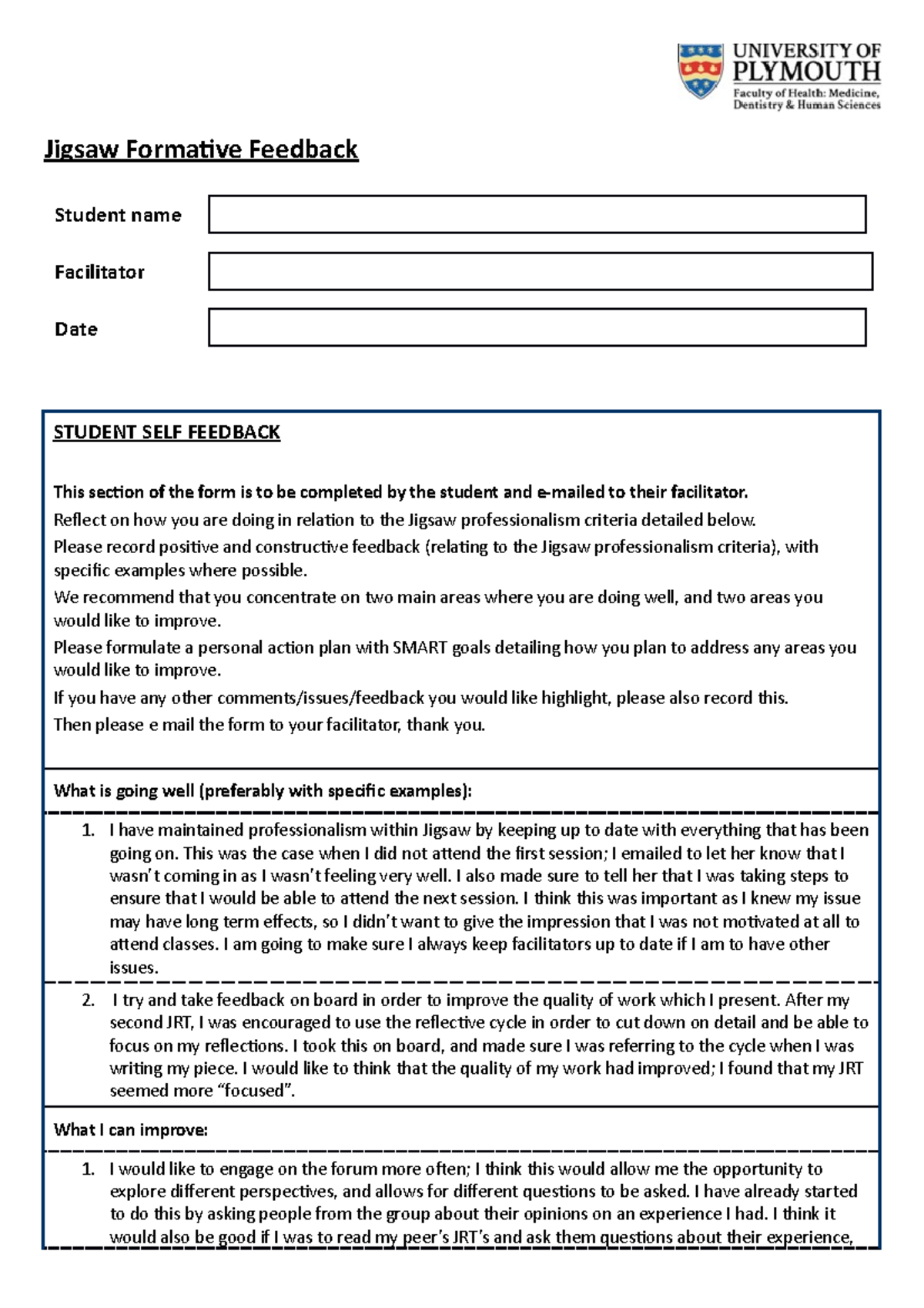 Jigsaw self assessment Jigsaw Formative Feedback Student name