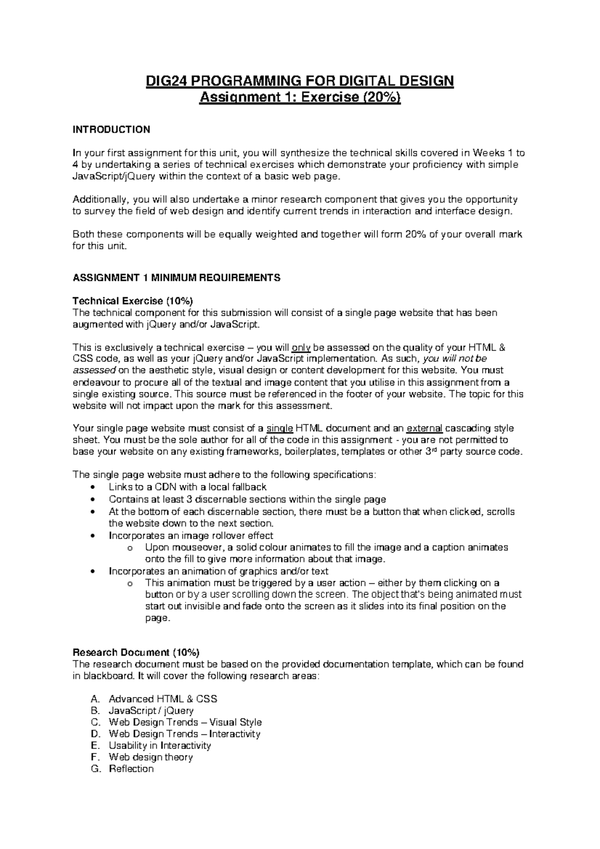 DIG24-A1-Brief - Assignment 1 Brief - DIG24 PROGRAMMING FOR DIGITAL ...