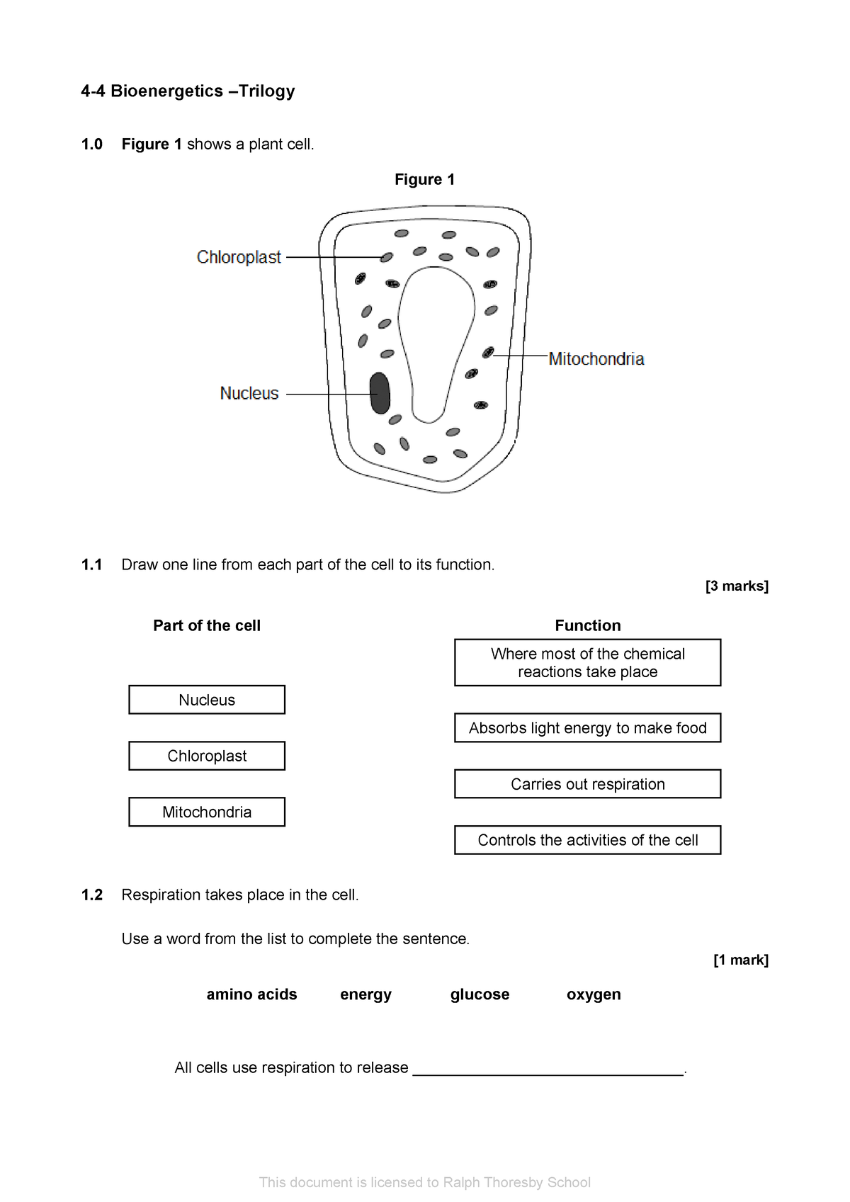 Biology Trilogy Bioenergetics GCSE Questions - 4- 4 Bioenergetics ...