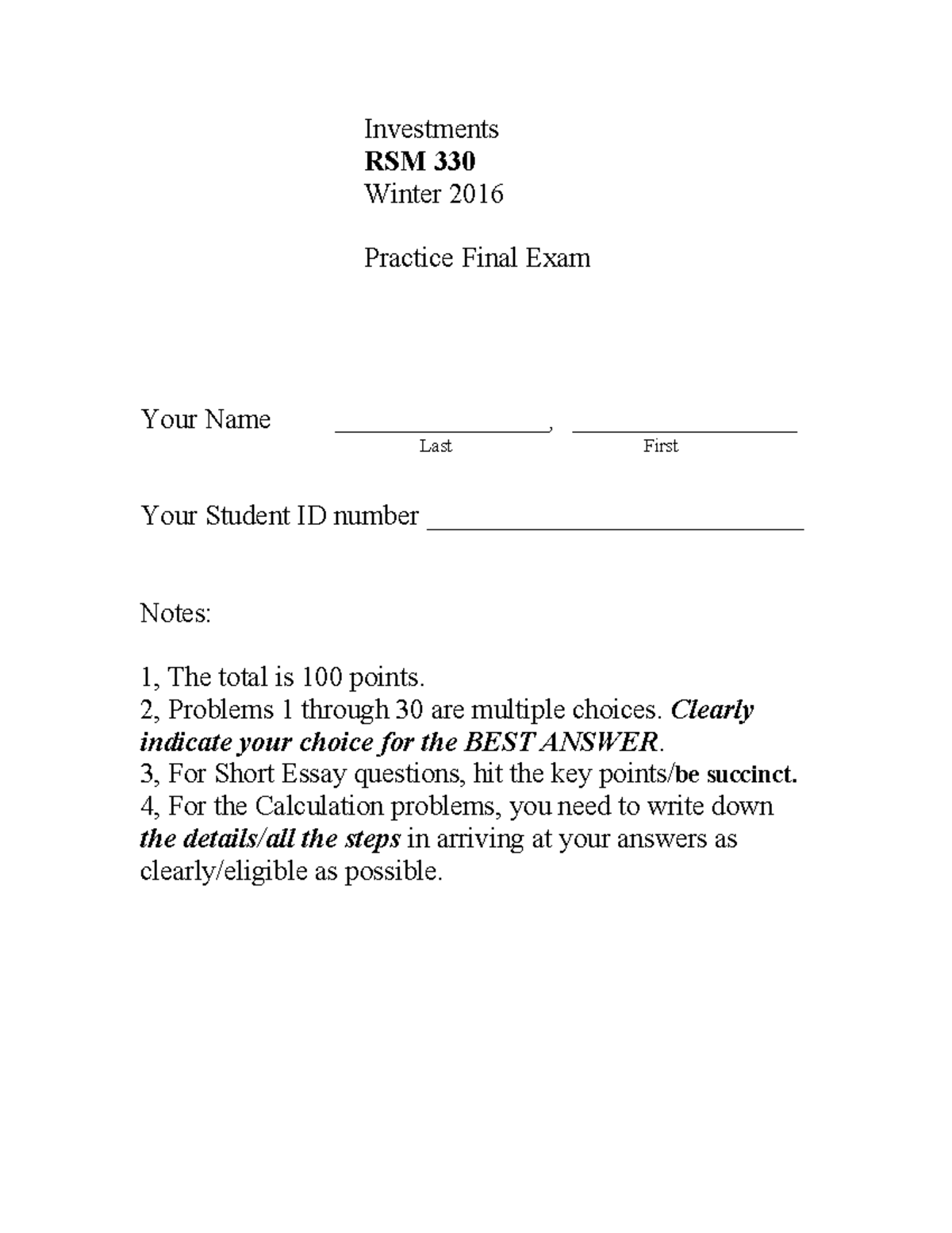 Sample/practice exam 2016, questions and answers - Investments RSM 330 ...
