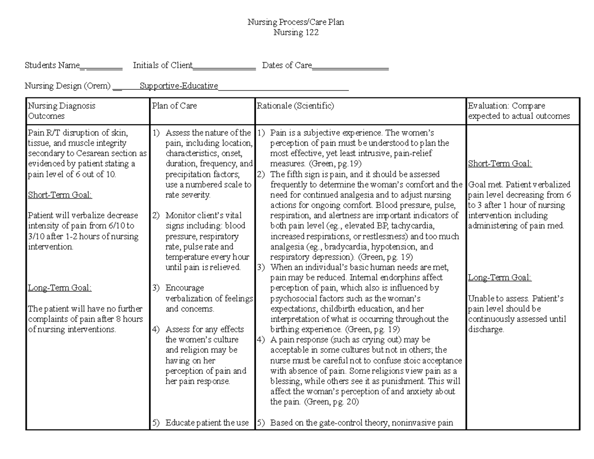 Care Plan Postpartum - Nursing Process/Care Plan Nursing 122 Students ...