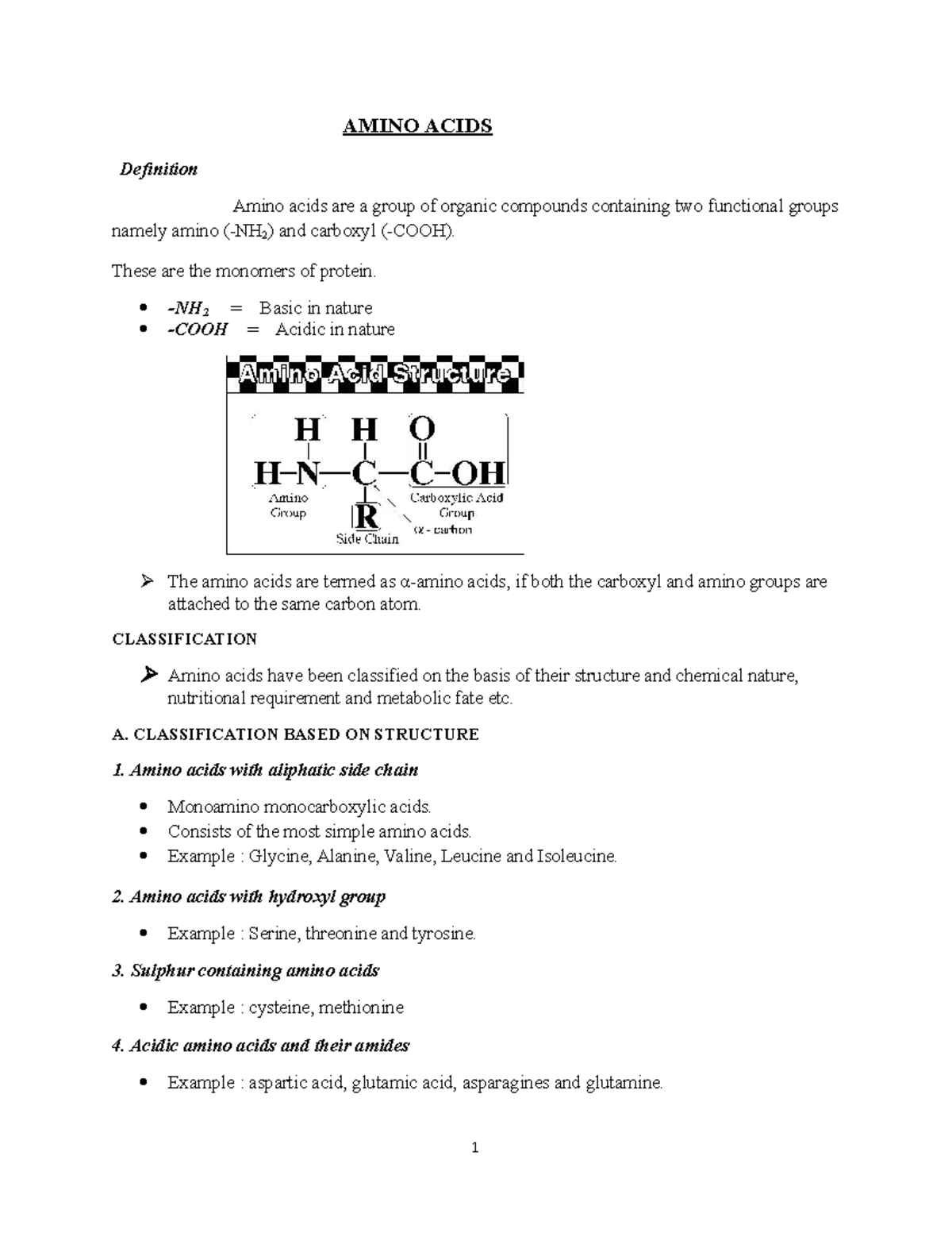 Amino Acids study notes AMINO ACIDS Definition Amino acids are a