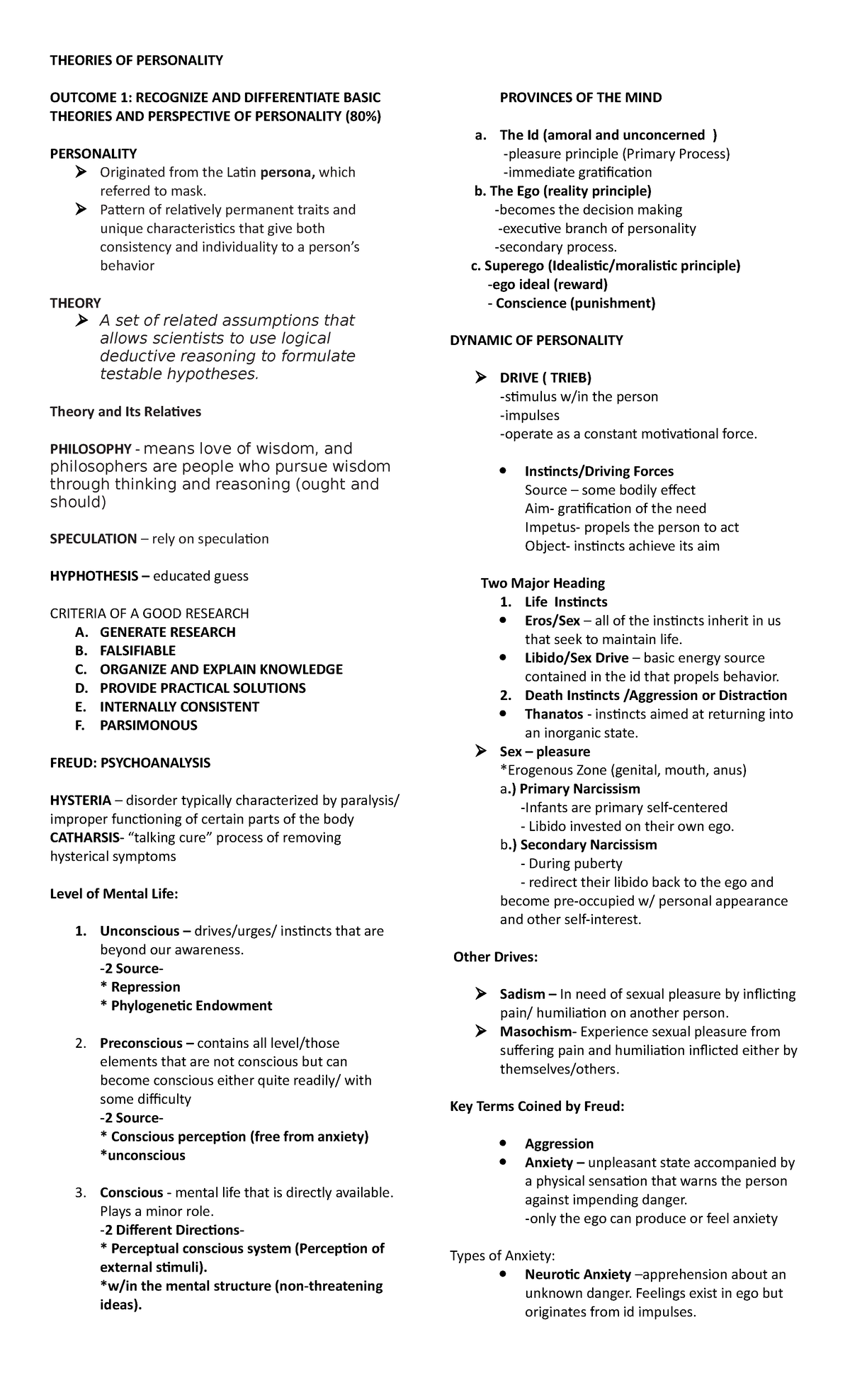 Theories OF Personality Reviewer - THEORIES OF PERSONALITY OUTCOME 1 ...