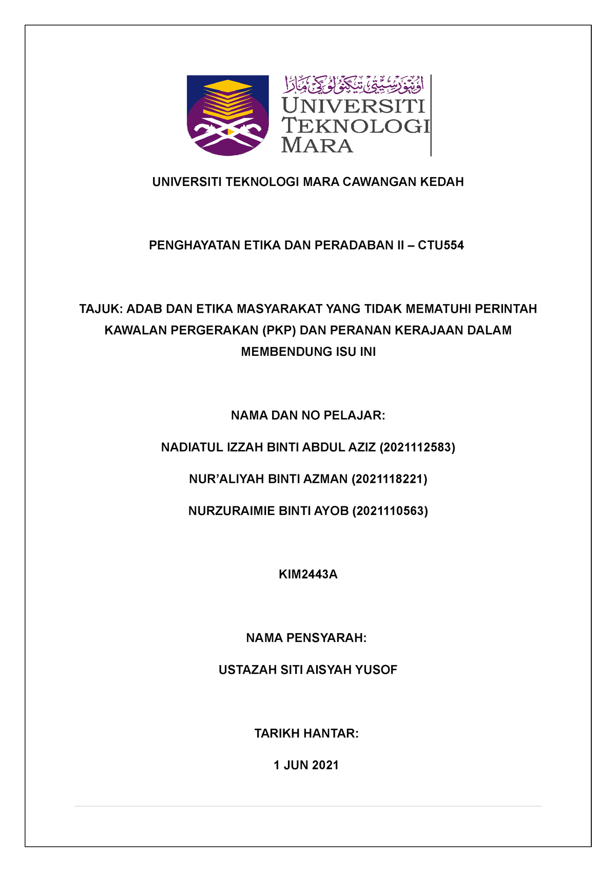 Kertas Kerja CTU554 - UNIVERSITI TEKNOLOGI MARA CAWANGAN KEDAH ...