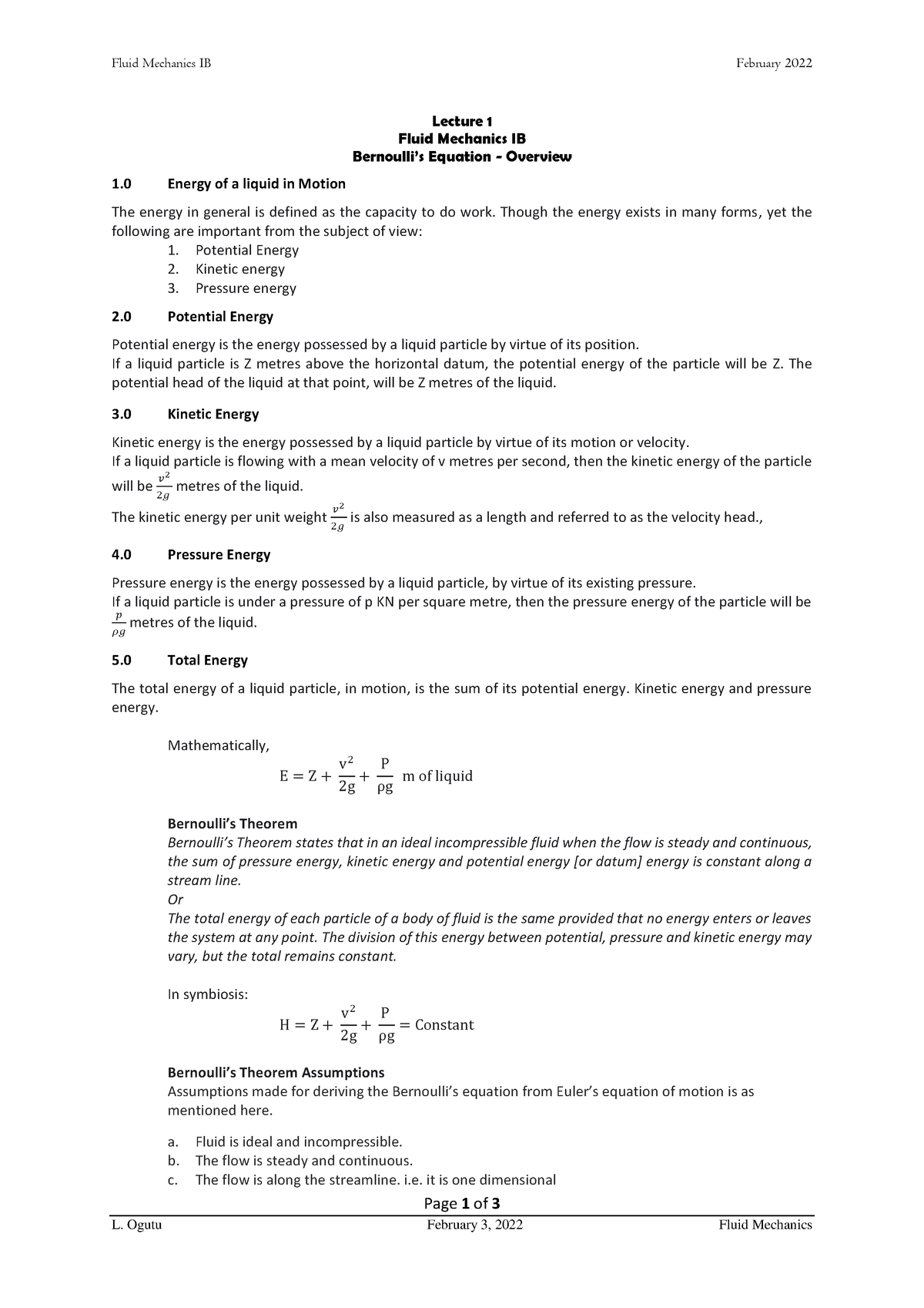 Lecture 1 - Bernoullis Equation - 03 - Fluid Mechanics IB February 2022 ...