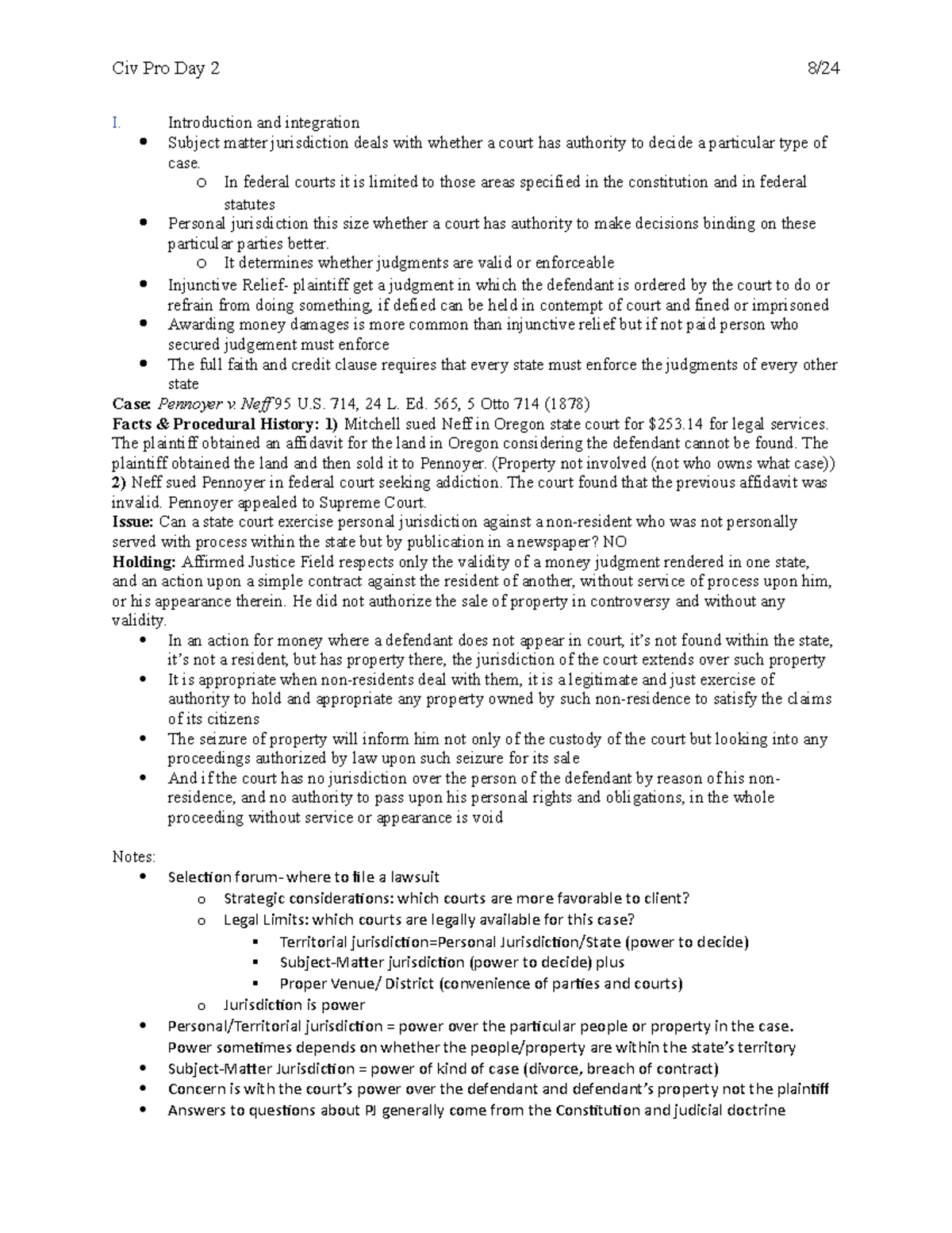 Civ Pro Day 2 - 8:24 - pg 22-34 - Civ Pro Day 2 8/ I. Introduction and ...
