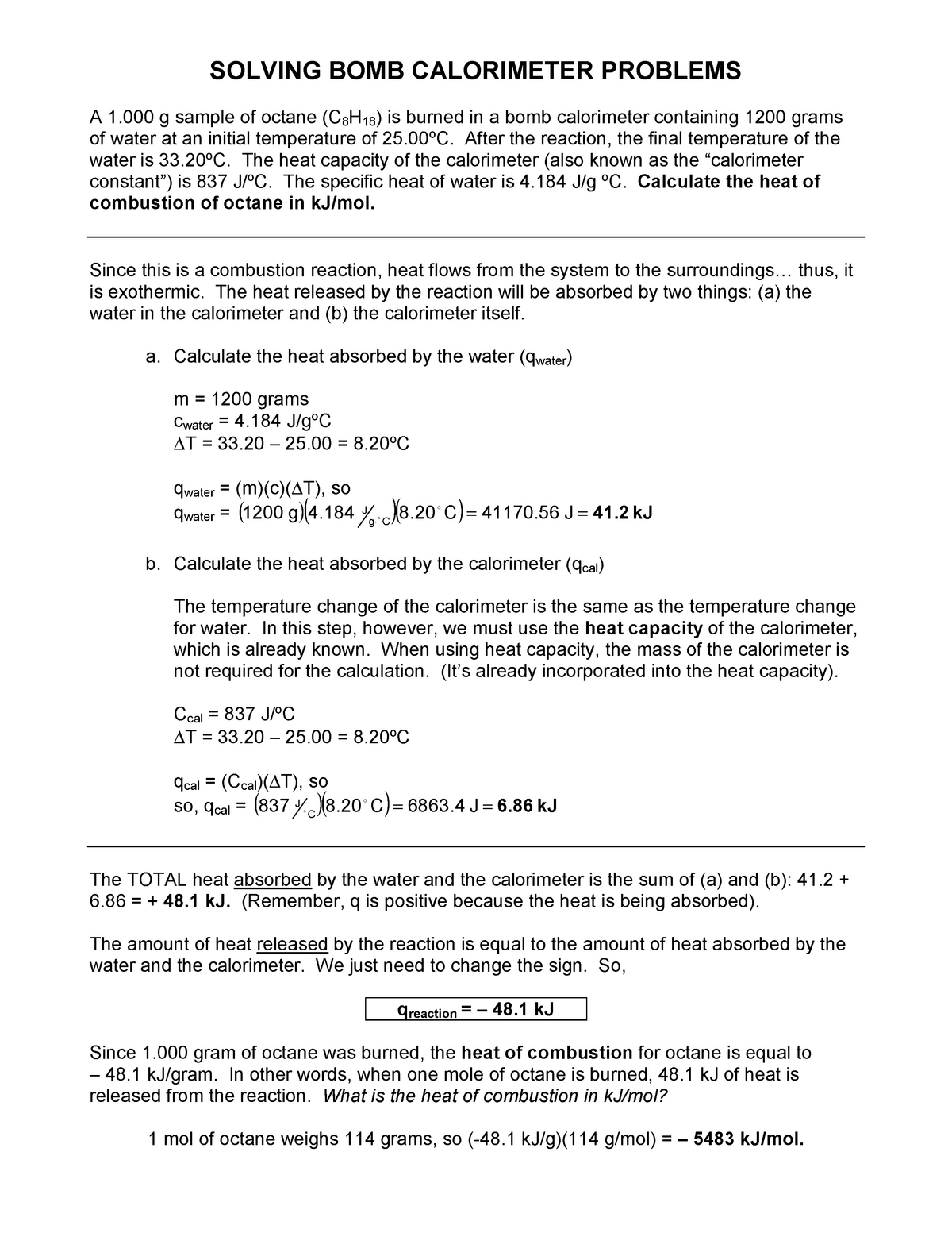 Bomb-Calorimetry - Lecture notes 221 - A 221 g sample of octane (C 21 H Inside Calorimetry Worksheet Answer Key