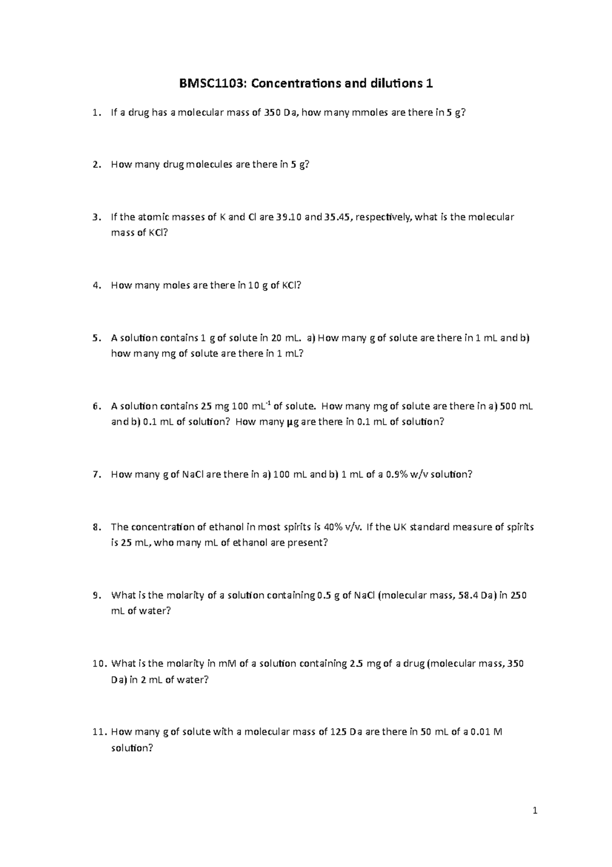 Exercises on concentrations and dilutions BMSC1103 Concentrations