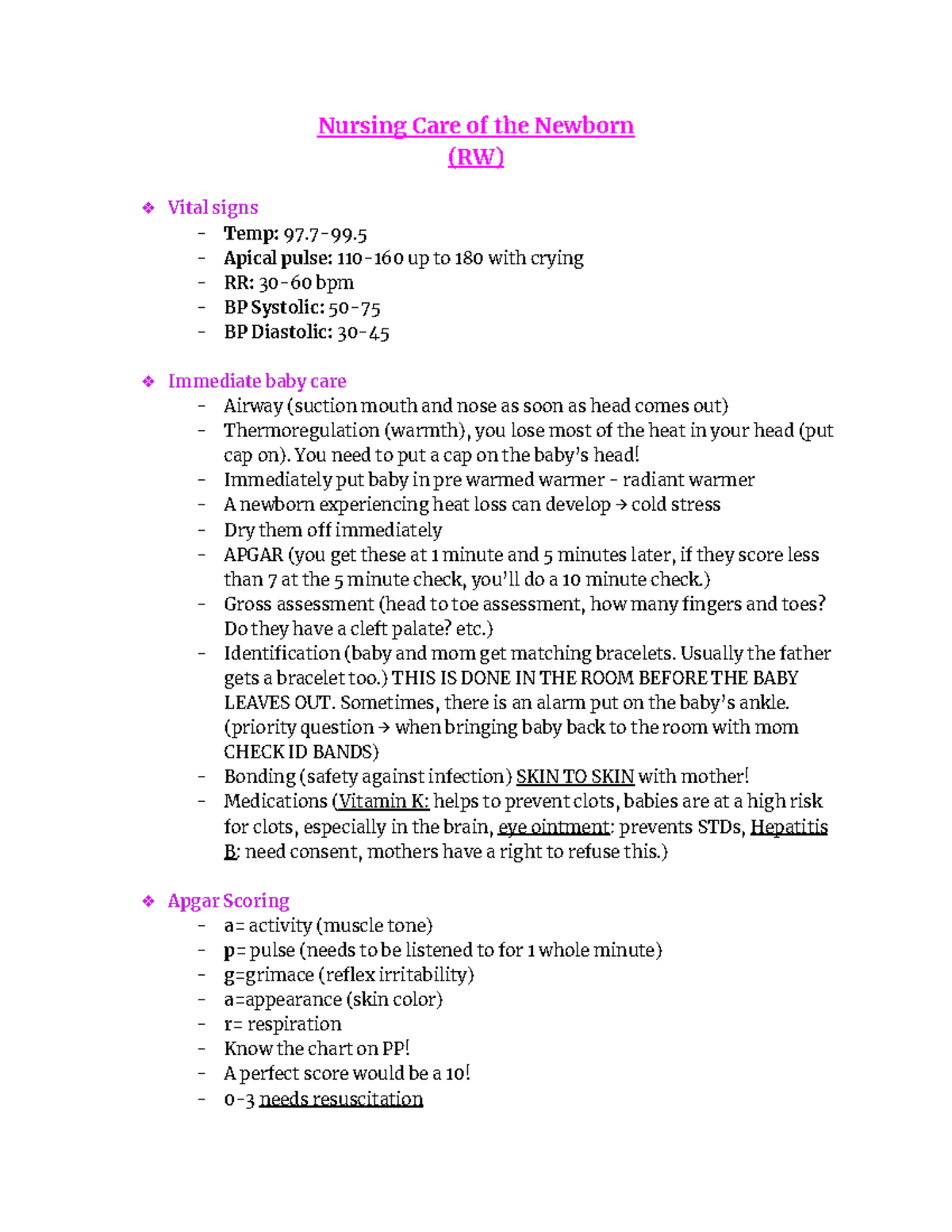 Nursing Care of the Newborn Nursing Care of the Newborn (RW) Vital