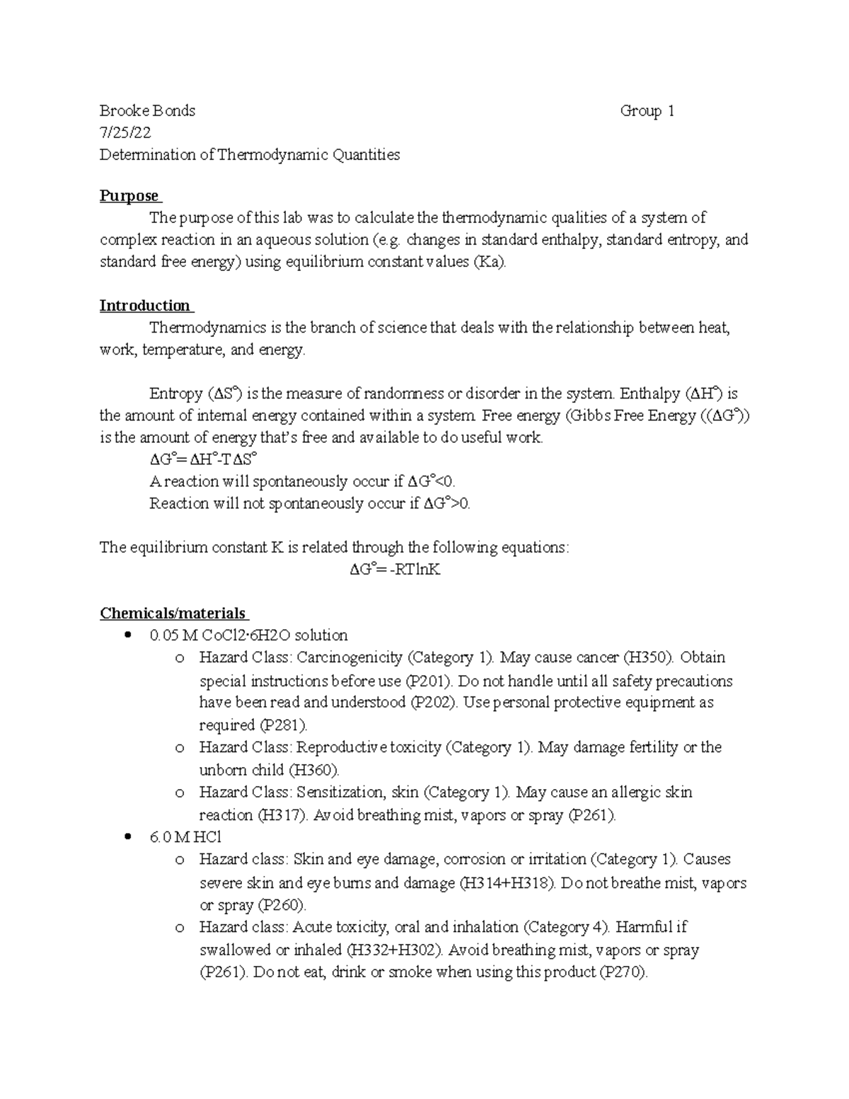 Lab report 7 Thermodynamic Quantities of a Chemical Reaction Experiment ...