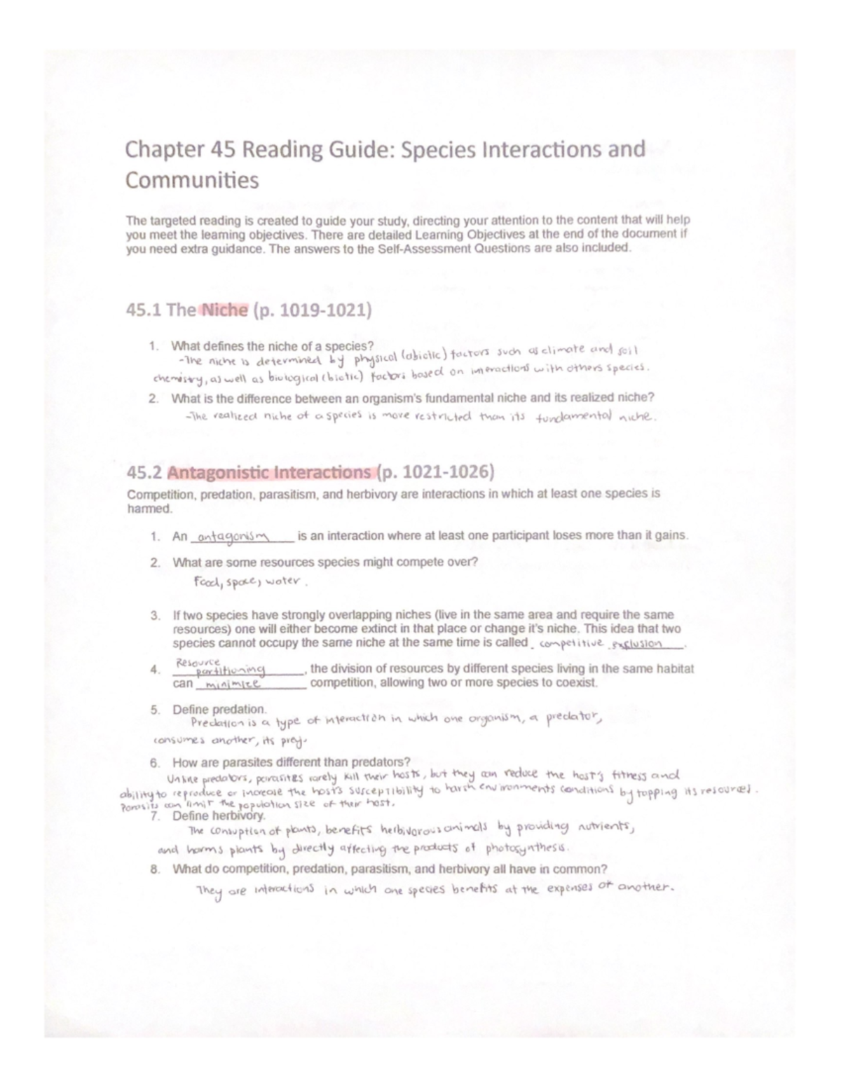 Chapter 45 Reading Guide Species Interactions and - BOTN 1 - LPC - Studocu