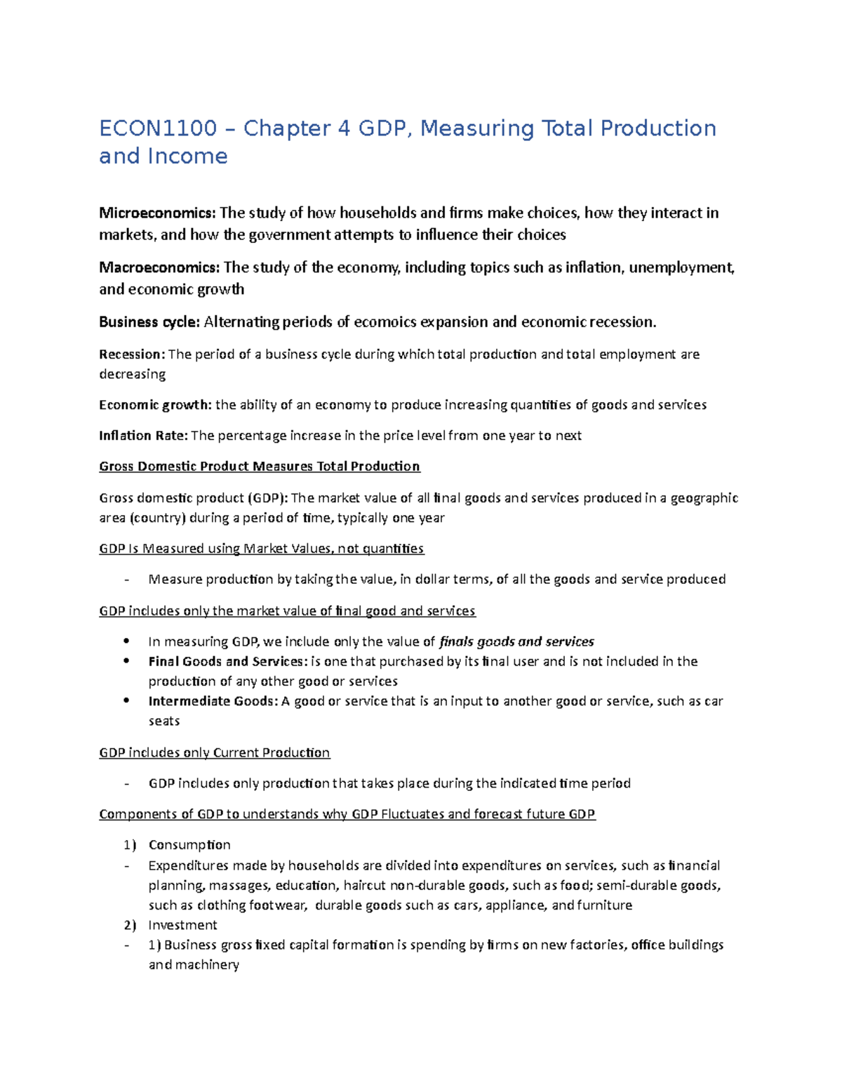 ECON1100 Chapter 4 - Lecture notes 4 - ECON1100 – Chapter 4 GDP ...