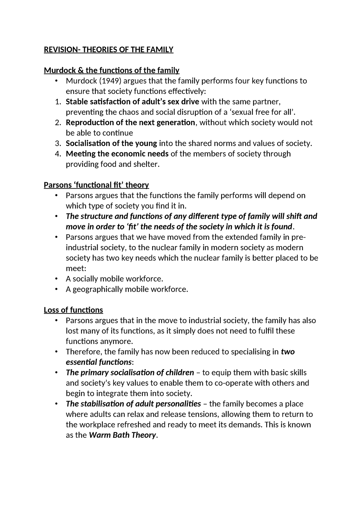 Sociology Revision - REVISION- THEORIES OF THE FAMILY Murdock & the ...