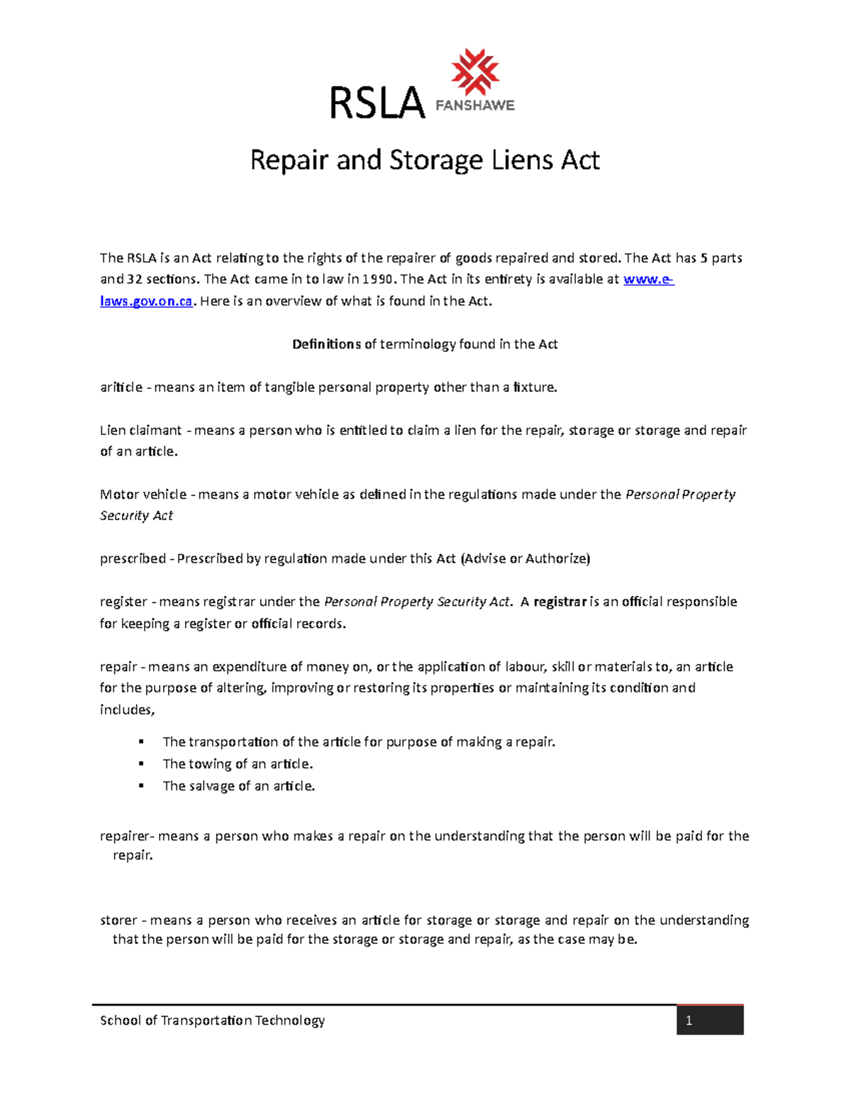 RSLA Handout - lod edfihf wfwefe - RSLA Repair and Storage Liens Act ...