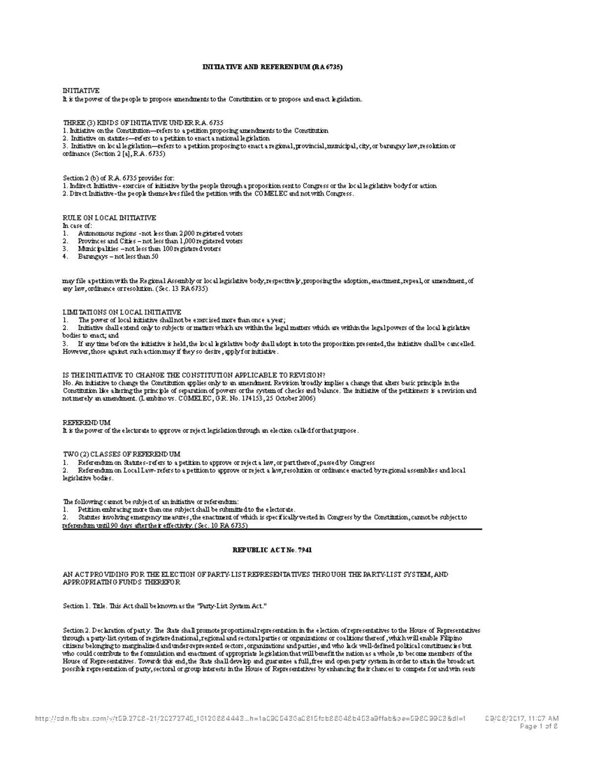 Consti I Cases Legislative Dept - INITIATIVE AND REFERENDUM (RA 6735 ...