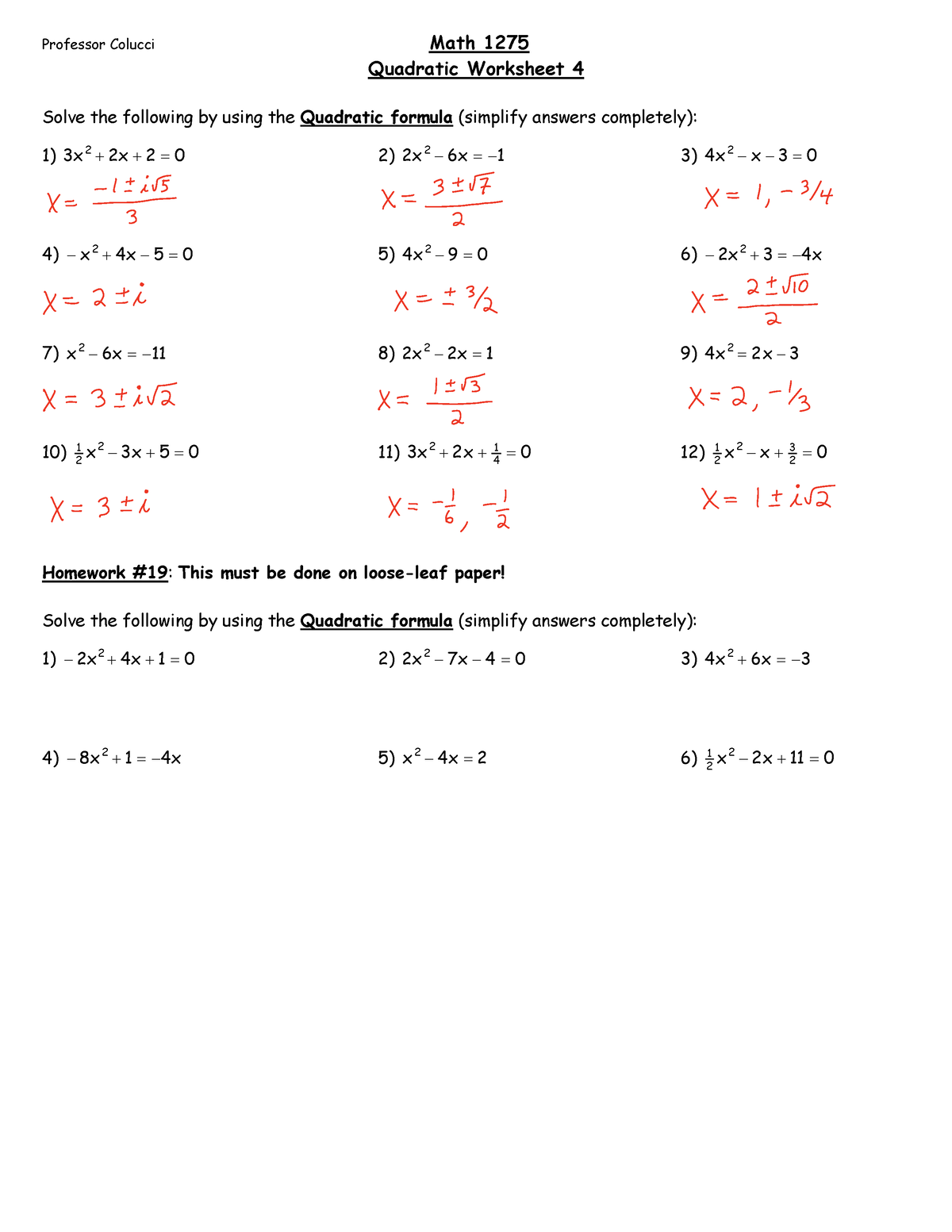 19 Quadratic WS4 - Professor Colucci Math 1275 Quadratic Worksheet 4 ...