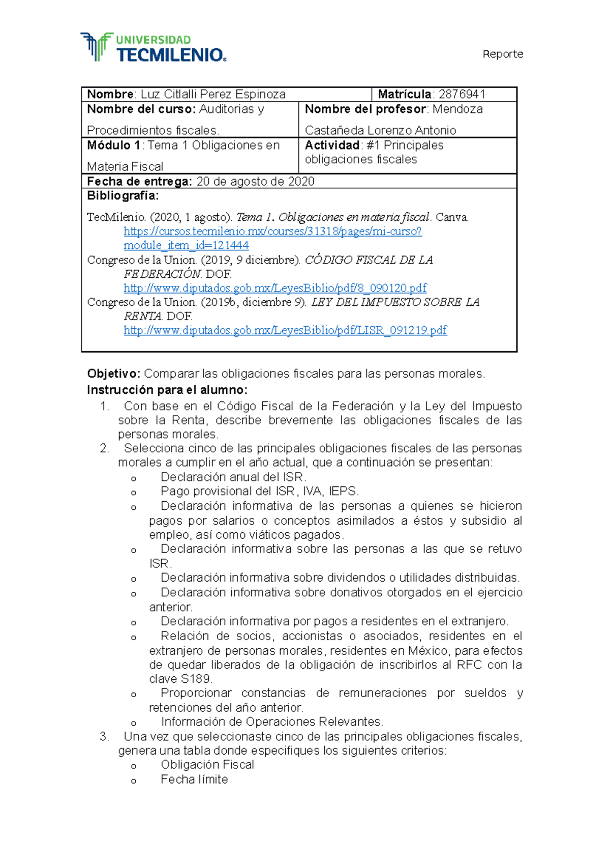 Actividad Auditorias Y Procedimientos Fiscales Nombre Luz Citlalli