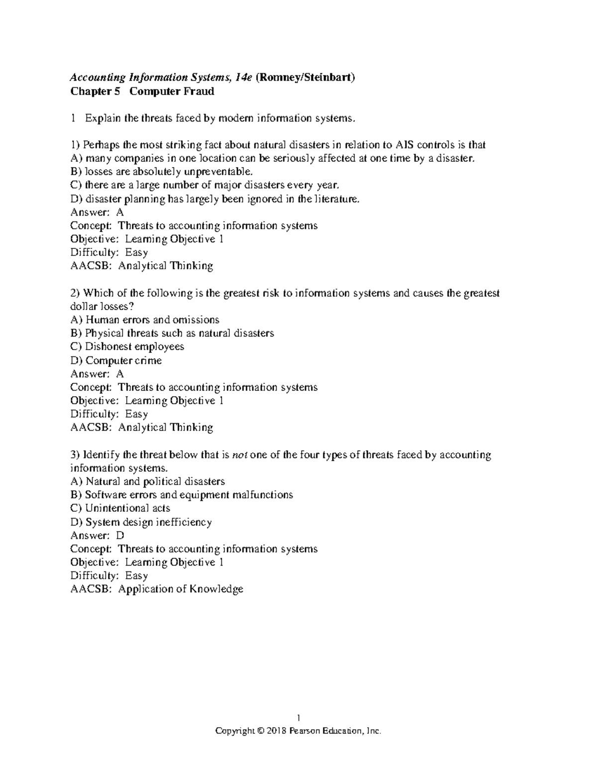 Chapter 5 AIS - Test Bank - 1 Accounting Information Systems, 14e ...