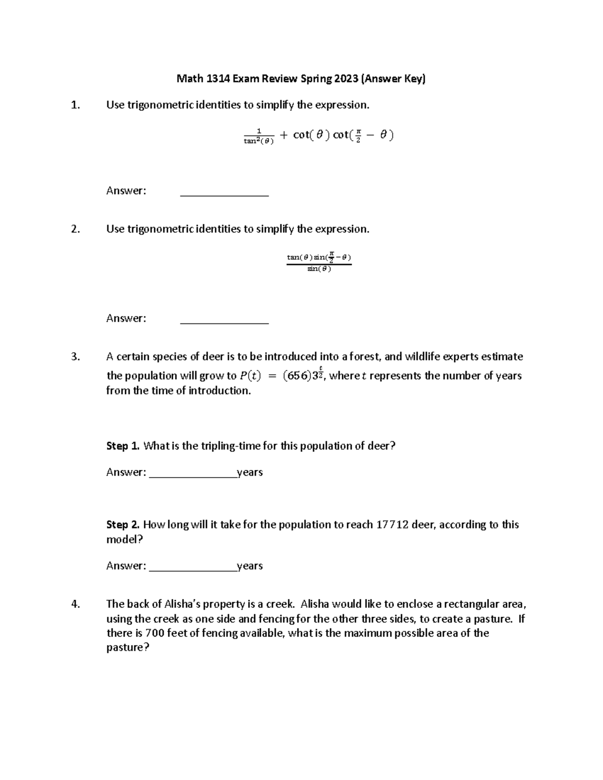 Math 1314 Exam Review Spring 2023 - Studocu