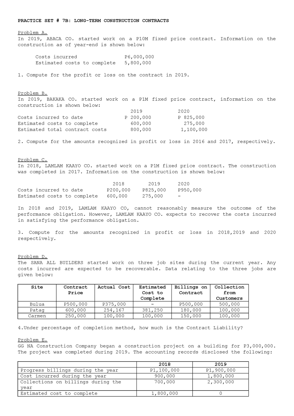 Long Term Construction Contracts Quiz