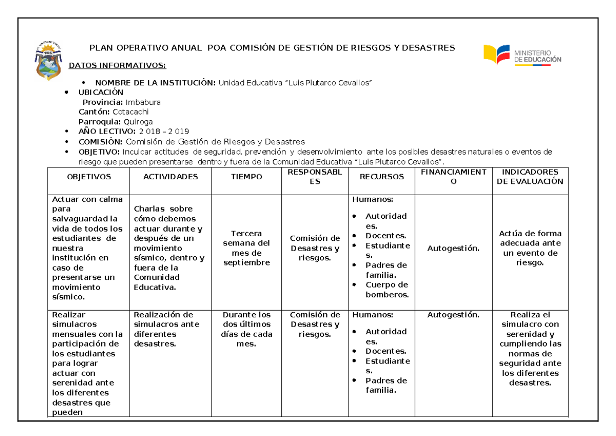 390167996 Plan Operativo Anual Poa Comision de Gestion de Riesgos ...