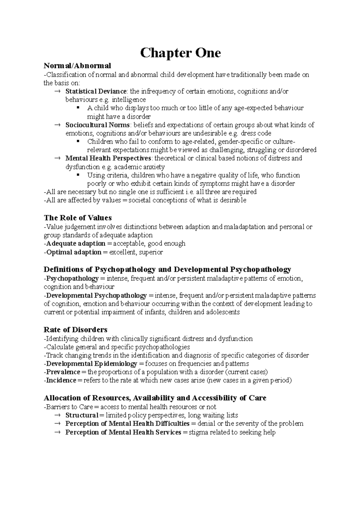 Semester Test Notes for Section A (Child Psychopathology) - Chapter of ...