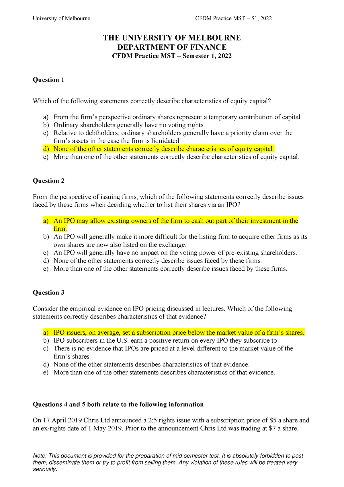 2022S1 Practice MST with Solution - Note: This document is provided for ...