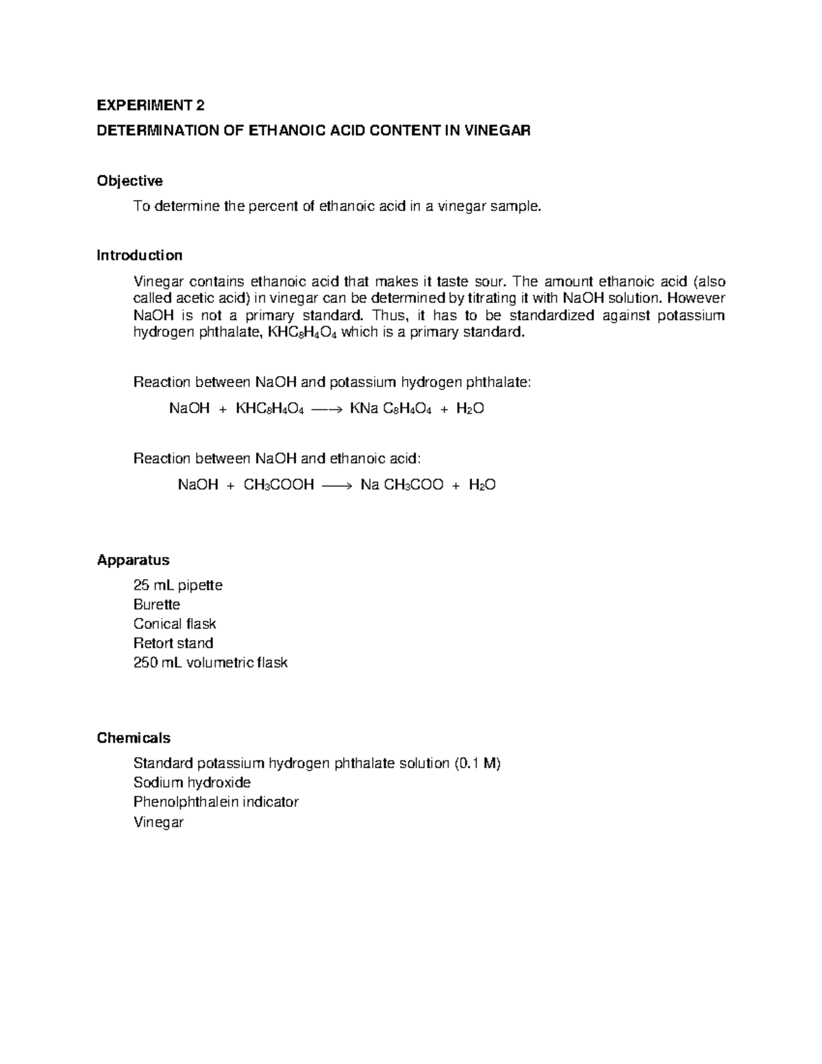 CHM256 - Experiment 2 - EXPERIMENT 2 DETERMINATION OF ETHANOIC ACID ...