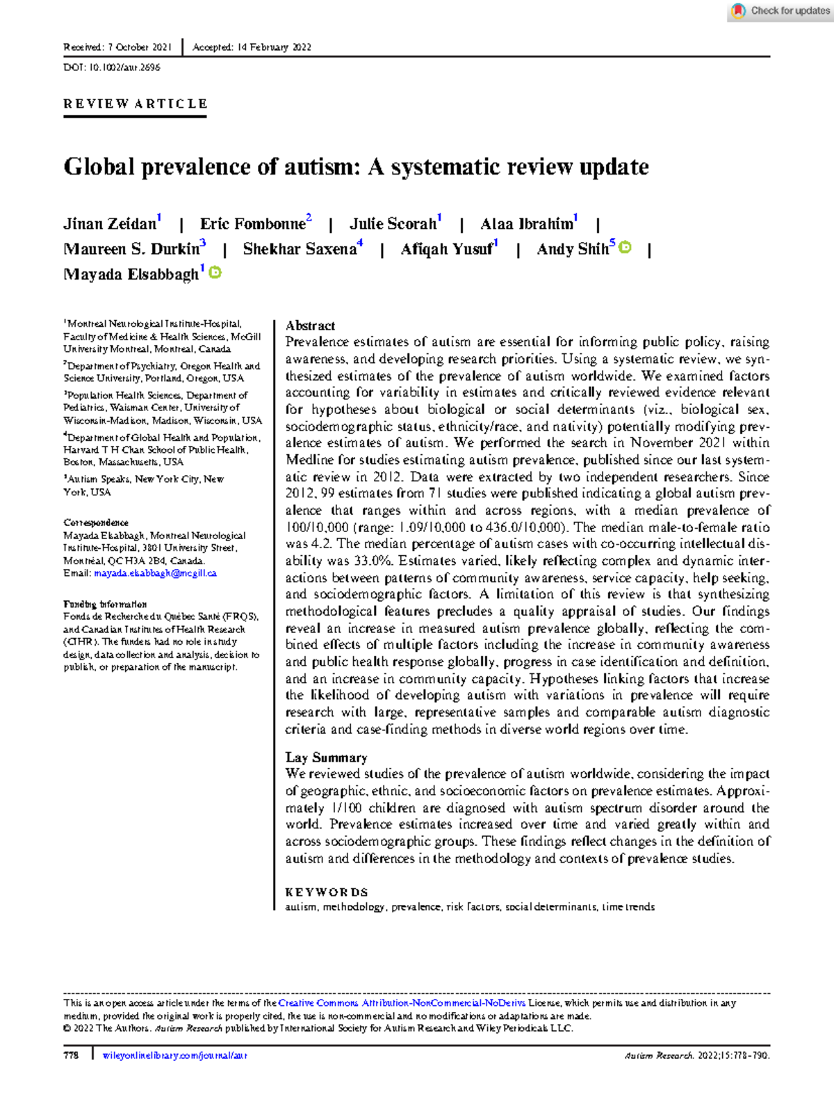 Autism Research - 2022 - Zeidan - Global prevalence of autism A ...