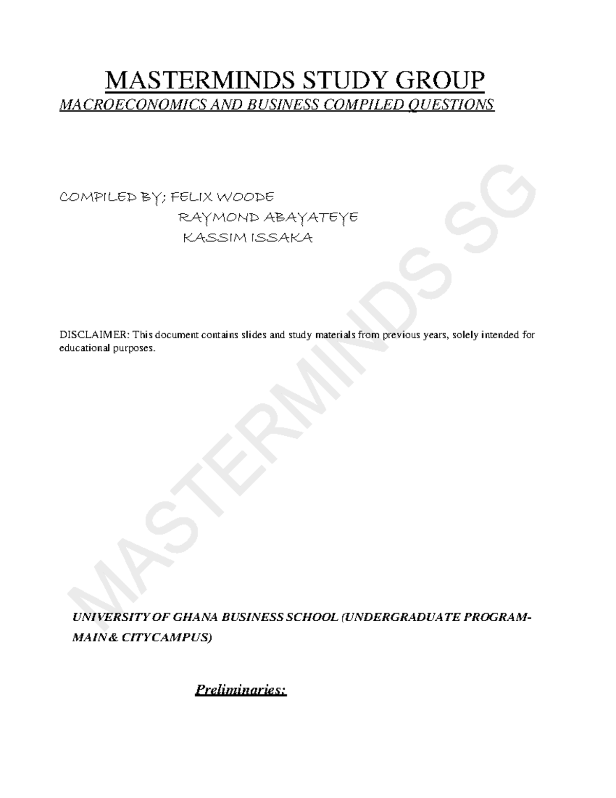 Masterminds Study Group Macro Economics Questions - MASTERMINDS STUDY ...