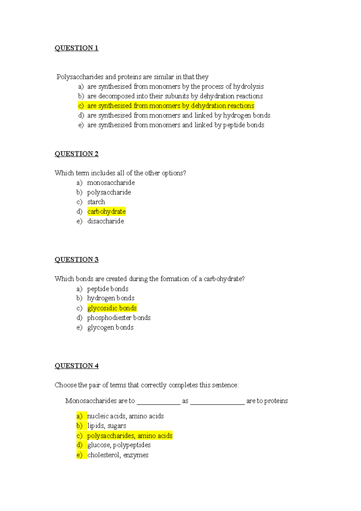 Midterm exam 2017, questions and answers - Polysaccharides and proteins ...