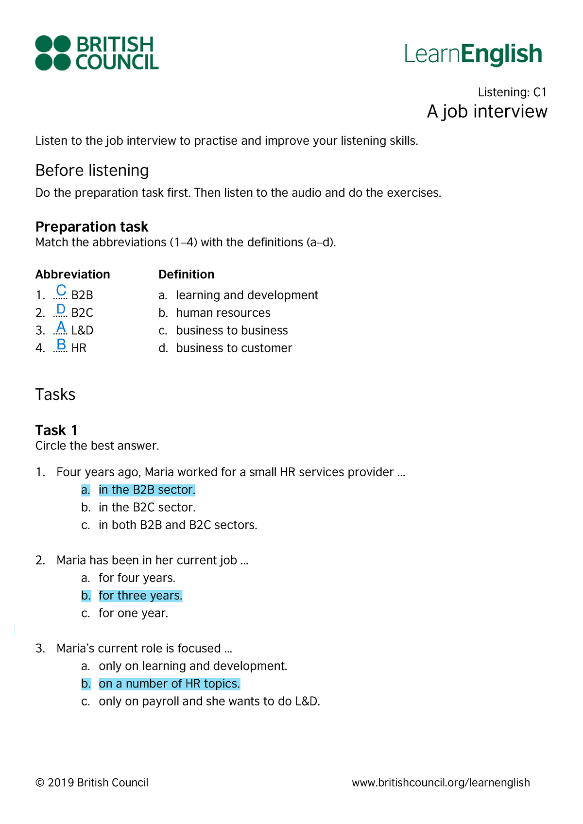 Listening Test Part 1 - Listening: C A Job Interview Listen To The Job ...