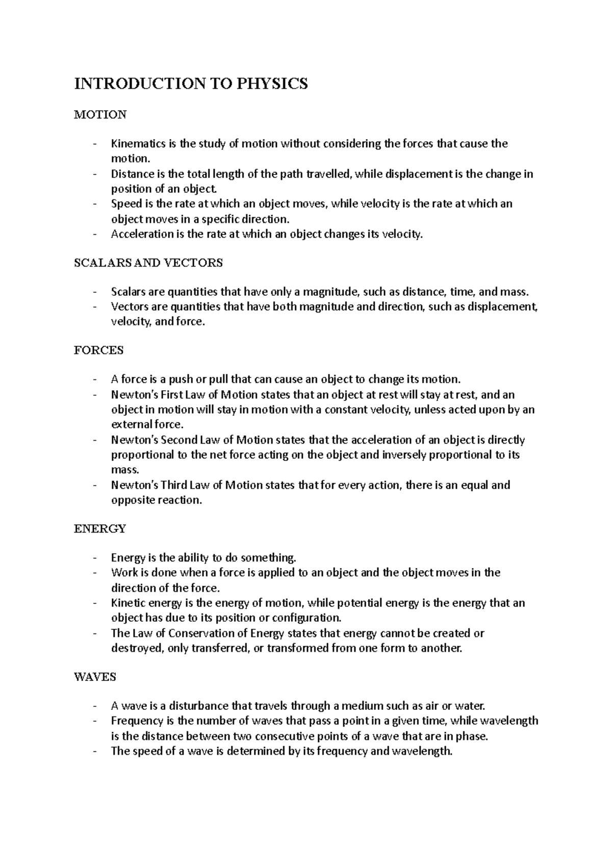 Year 10 Intro to physics notes - INTRODUCTION TO PHYSICS MOTION ...